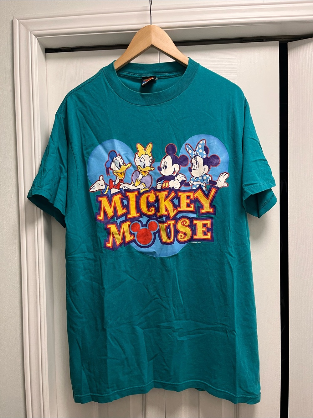 Vintage Disney Teal Mickey Mouse Graphic Tee with Donald, Daisy & Minnie